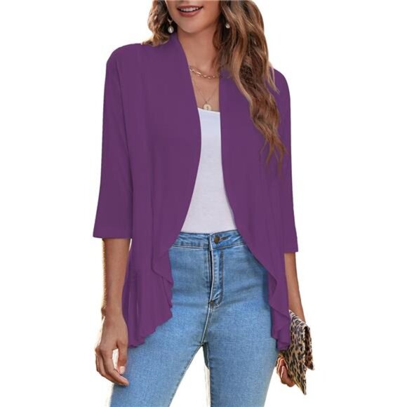 Women's Open Front Cardigan 3/4 Sleeve Draped Ruffles Soft Knit Sweaters - Picture 1 of 4